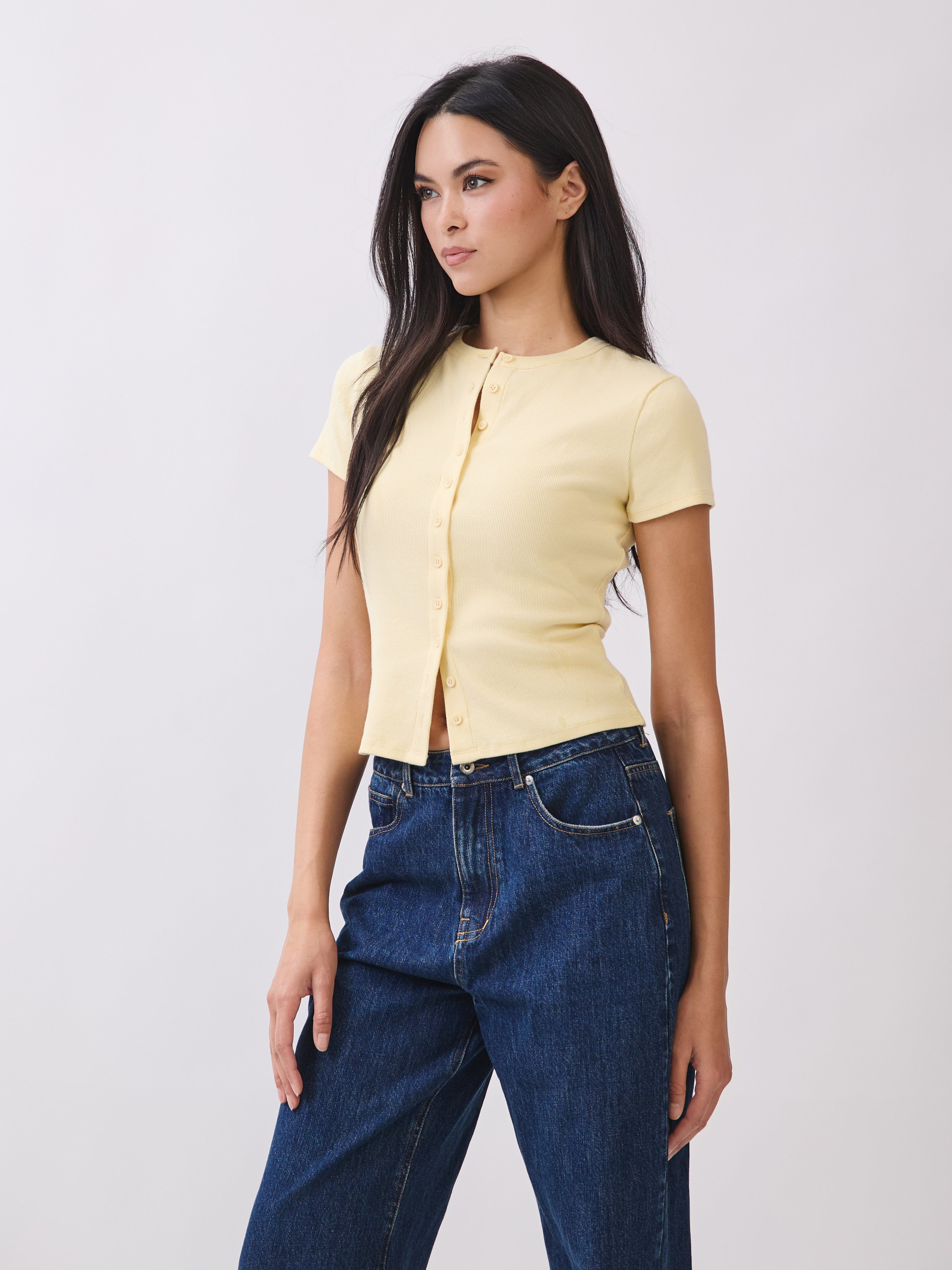 Light Creme Yellow Blair Button Top